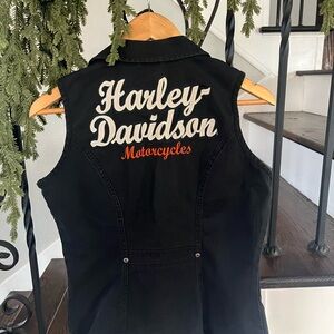Harley Davidson Vest Women’s M Black Denim Fitted Embroidered Motorcycle Biker